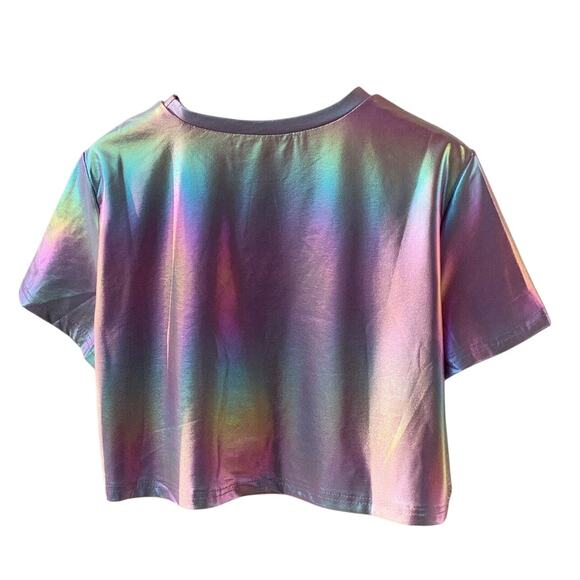 Shein Women's Large Multicolor Pu Coat Holographic Round Neck Short Sleeve Tee - Picture 4 of 5